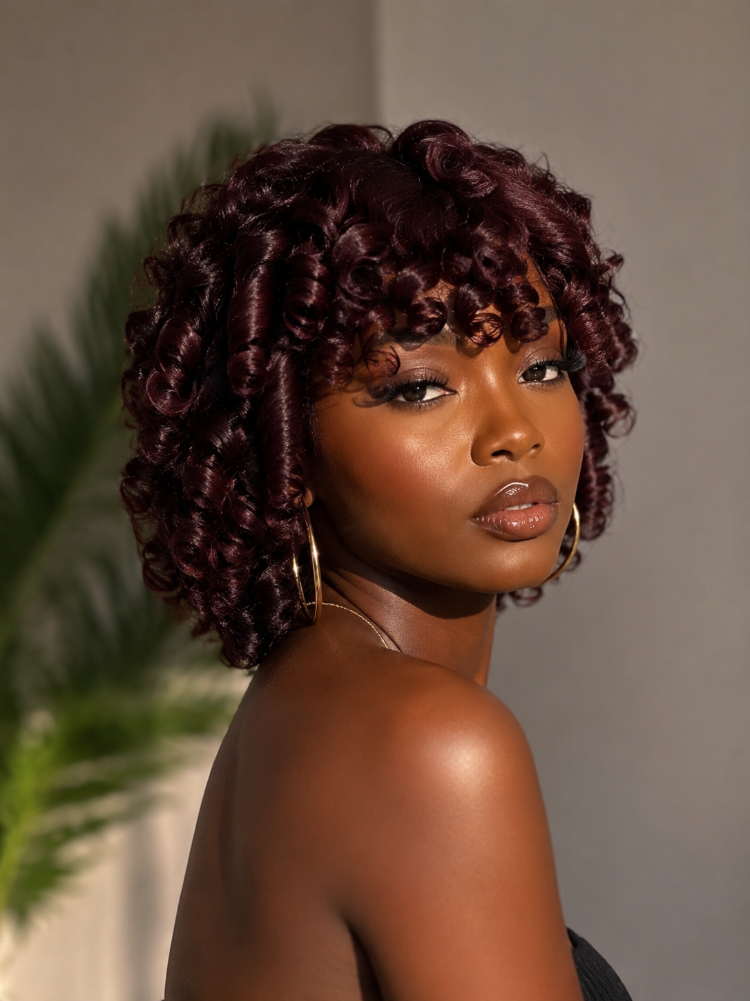 Bounce Short Wig No Lace Indian Remy Human Hair 10inch Friger Curl 99J Wine Color