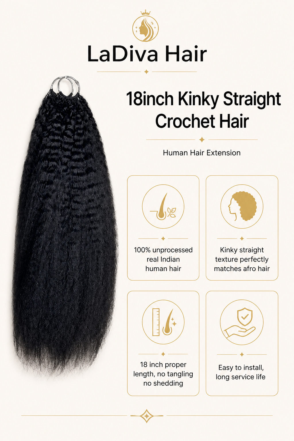 Kinky Straight Crochet Hair Indian Remy Human Hair Natural Black Color 18Inch