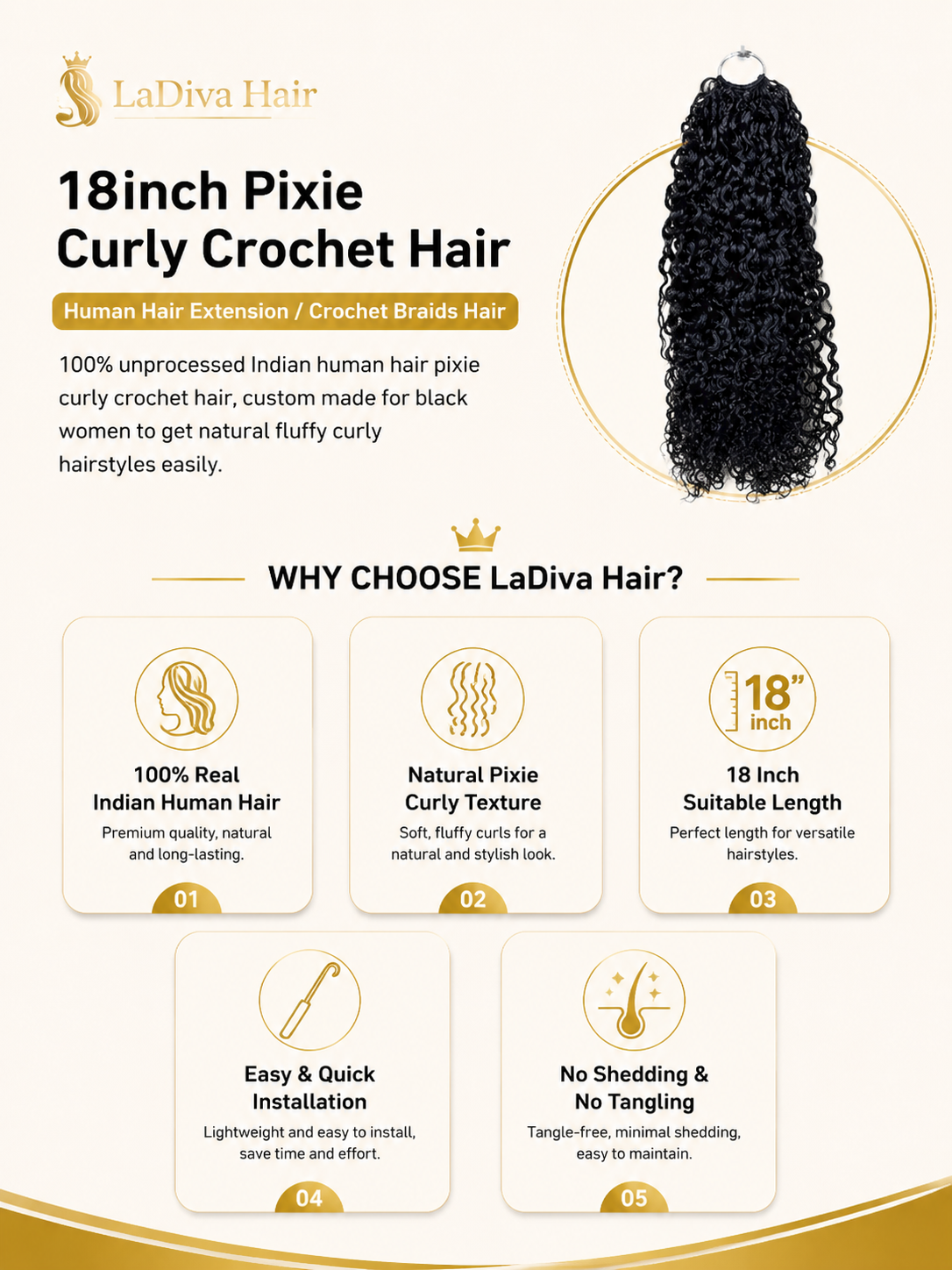 Pixie Curly Crochet Hair Indian Remy Human Hair Natural Black Color 18Inch