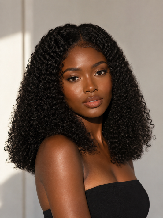 Kinky Curl Indian Remy Human Hair Wig 5x5 Lace Frontal Wig 18Inch Natural Black Color