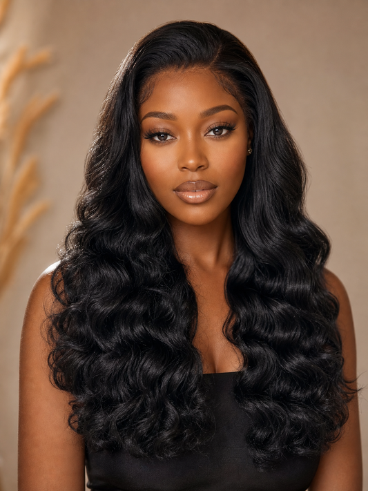 Loose Body Bounce Wave 13x4 Lace Frontal Wigs Indian Remy Human Hair Wig 26Inch Natural Black Color