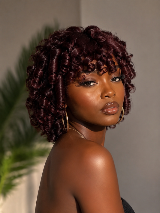 Bounce Short Wig No Lace Indian Remy Human Hair 10inch Friger Curl 99J Wine Color