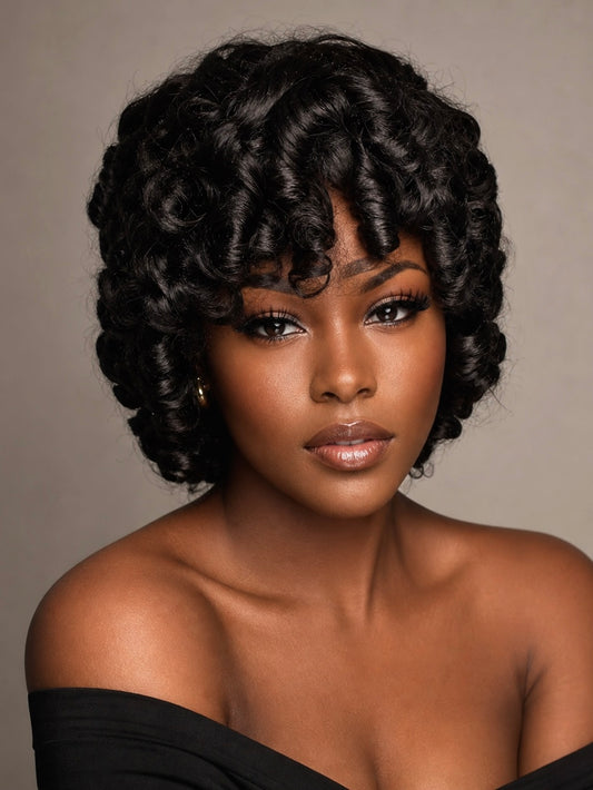 Bounce Short Wig No Lace Indian Remy Human Hair 10inch Friger Curl Black Color