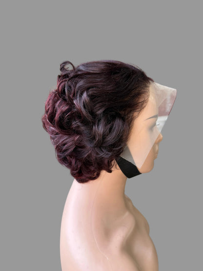 Short Pixie Curly Lace Front Wig | Wine Red(LS018)