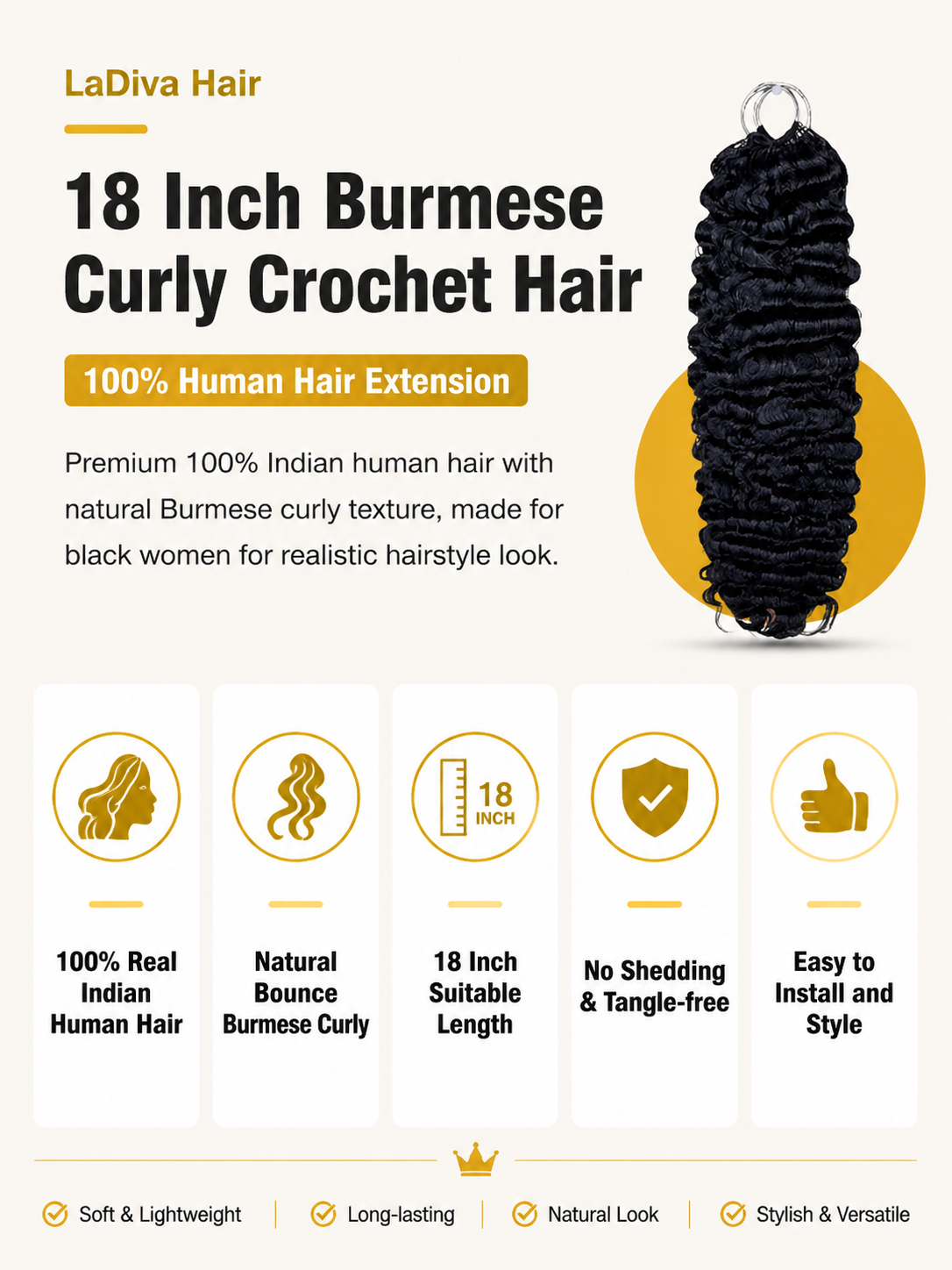 Burmese Curly Crochet Hair Indian Remy Human Hair Natural Black Color 18Inch