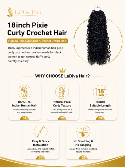 Pixie Curly Crochet Hair Indian Remy Human Hair Natural Black Color 18Inch