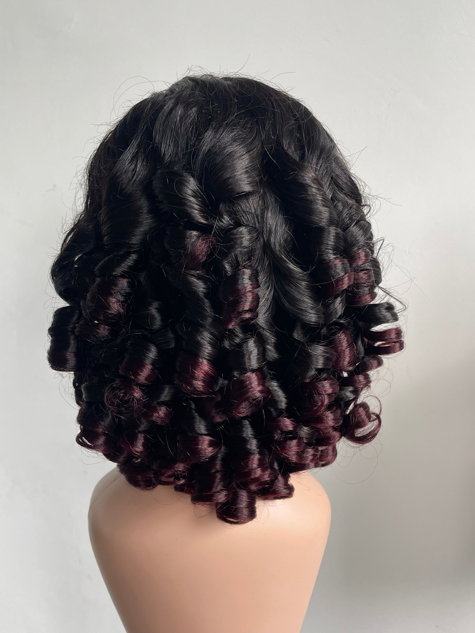 Ladiva Wigs MS170 burgundy ombre ringlet curl wig back view